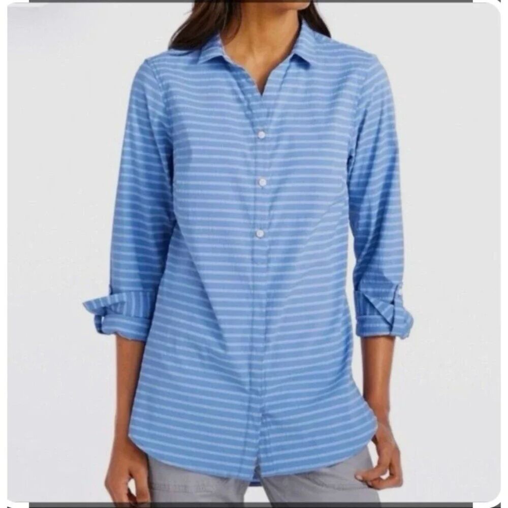LL Bean Travel Women's Blue Striped Roll Tab Sleeves Button Up Tunic Shirt L